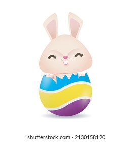 Happy Easter Little Rabbit Bunny with a painted egg, banner template isolated on white Background vector illustration