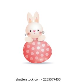 Conejo de conejo de pascua feliz con un huevo pintado, plantilla de pancarta aislada en ilustración vectorial de fondo blanco