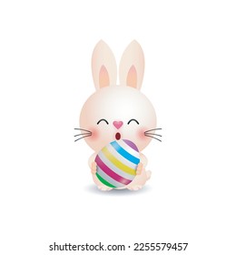 Conejo de conejo de pascua feliz con un huevo pintado, plantilla de pancarta aislada en ilustración vectorial de fondo blanco