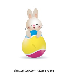 Happy Easter Little Rabbit Bunny with a painted egg, banner template isolated on white Background vector illustration