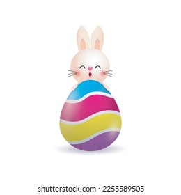 Conejo de conejo de pascua feliz con un huevo pintado, plantilla de pancarta aislada en ilustración vectorial de fondo blanco