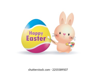 Happy Easter Little Rabbit Bunny with a painted egg, banner template isolated on white Background vector illustration