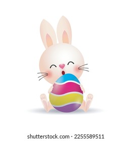 Happy Easter Little Rabbit Bunny with a painted egg, banner template isolated on white Background vector illustration