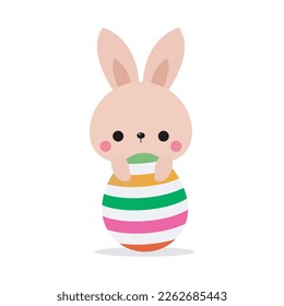 Happy Oaster Little Kaninchen Bunny mit einem gemalten Ei-Flachstil, Bannervorlage einzeln auf weißem Hintergrund, Vektorgrafik