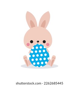 Happy Easter Little Rabbit Bunny with a painted egg flat style, banner template isolated on white Background vector illustration