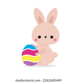 Happy Easter Little Rabbit Bunny with a painted egg flat style, banner template isolated on white Background vector illustration