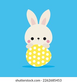 Happy Easter Little Rabbit Bunny with a painted egg flat style, banner template isolated on blue Background vector illustration
