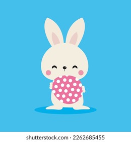 Happy Easter Little Rabbit Bunny with a painted egg flat style, banner template isolated on blue Background vector illustration