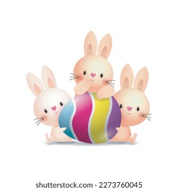 Happy Easter Little Rabbit Bunny with a painted egg, banner template isolated on white Background vector illustration