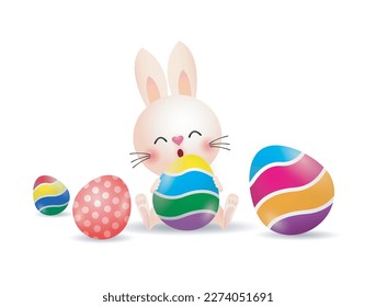 Conejo de conejo de pascua feliz con un huevo pintado, plantilla de pancarta aislada en ilustración vectorial de fondo blanco