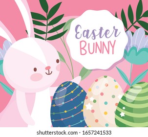 happy easter little rabbit eggs floral decoration card vector illustration