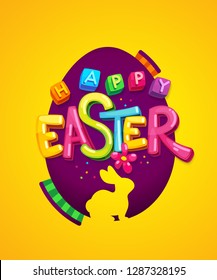 Happy easter logo colorful letters and yellow rabbit 
