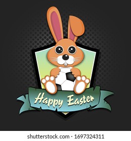 Happy Easter. Easter logo design template. Easter rabbit with soccer ball on an isolated background. Pattern for greeting card, banner, poster, emblem, invitation. Vector illustration