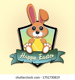 Happy Easter. Easter logo design template. Easter rabbit with tennis ball on an isolated background. Pattern for greeting card, banner, poster, emblem, invitation. Vector illustration