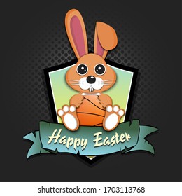 Happy Easter. Easter logo design template. Easter rabbit with basketball ball on an isolated background. Pattern for greeting card, banner, poster, emblem, invitation. Vector illustration
