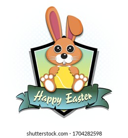 Happy Easter. Easter logo design template. Easter rabbit with tennis ball on an isolated background. Pattern for greeting card, banner, poster, emblem, invitation. Vector illustration