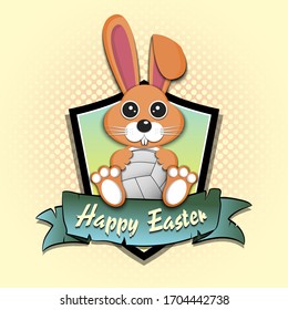 Happy Easter. Easter logo design template. Easter rabbit with volleyball ball on an isolated background. Pattern for greeting card, banner, poster, emblem, invitation. Vector illustration