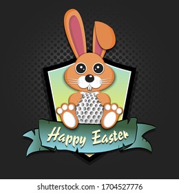 Happy Easter. Easter logo design template. Easter rabbit with golf ball on an isolated background. Pattern for greeting card, banner, poster, emblem, invitation. Vector illustration