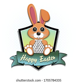 Happy Easter. Easter logo design template. Easter rabbit with golf ball on an isolated background. Pattern for greeting card, banner, poster, emblem, invitation. Vector illustration