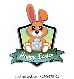 Happy Easter. Easter logo design template. Easter rabbit with volleyball ball on an isolated background. Pattern for greeting card, banner, poster, emblem, invitation. Vector illustration