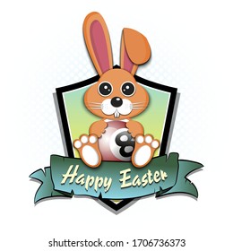 Happy Easter. Easter logo design template. Easter rabbit with billiard ball on an isolated background. Pattern for greeting card, banner, poster, emblem, invitation. Vector illustration