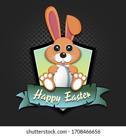 Happy Easter. Easter logo design template. Easter rabbit with rugby ball on an isolated background. Pattern for greeting card, banner, poster, emblem, invitation. Vector illustration