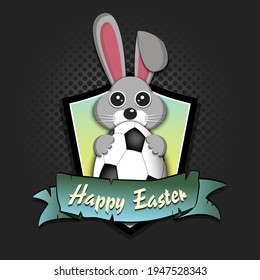 Happy Easter. Easter logo design template. Easter Rabbit with easter egg decorated in the form of a soccer ball. Pattern for greeting card, banner, poster, emblem, invitation. Vector illustration