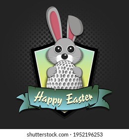 Happy Easter. Easter logo design template. Easter Rabbit with easter egg decorated in the form of a golf ball. Pattern for greeting card, banner, poster, emblem, invitation. Vector illustration