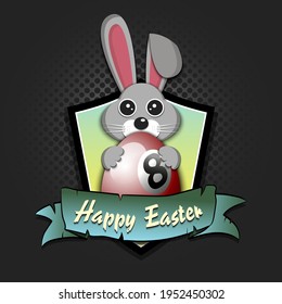 Happy Easter. Easter logo design template. Easter Rabbit with easter egg decorated in the form of a billiard ball. Pattern for greeting card, banner, poster, emblem, invitation. Vector illustration