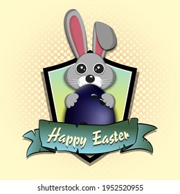 Happy Easter. Easter logo design template. Easter Rabbit with easter egg decorated in the form of a bowling ball. Pattern for greeting card, banner, poster, emblem, invitation. Vector illustration