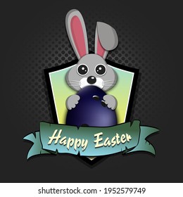 Happy Easter. Easter logo design template. Easter Rabbit with easter egg decorated in the form of a bowling ball. Pattern for greeting card, banner, poster, emblem, invitation. Vector illustration