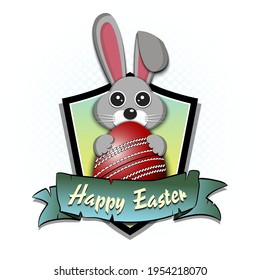 Happy Easter. Easter logo design template. Easter Rabbit with easter egg decorated in the form of a cricket ball. Pattern for greeting card, banner, poster, emblem, invitation. Vector illustration