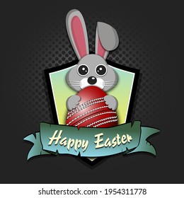Happy Easter. Easter logo design template. Easter Rabbit with easter egg decorated in the form of a cricket ball. Pattern for greeting card, banner, poster, emblem, invitation. Vector illustration