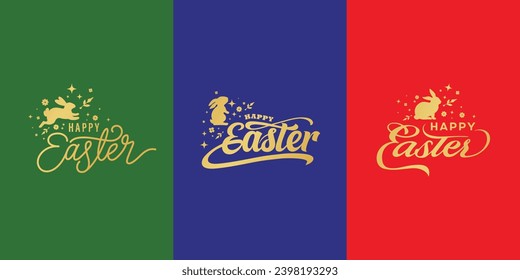 Happy Easter, logo or label set. sparkle, rabbit, flowers symbol. Lettering, calligraphy vector illustration