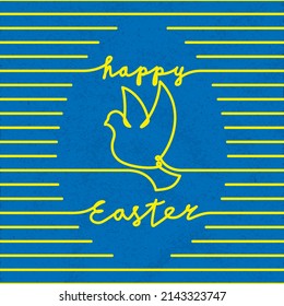 Happy Easter Logo Lettering with Dove Peace Symbol Combined with Horizontal Lines Making Egg Shape Peaceful Concept - Ukraine Flag Colors on Similar Background - Vector Hand Drawn Graphic Design