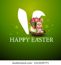 Happy Easter, logo with rabbit ears and Easter Bunny and tulips
