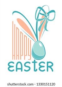 Happy Easter logotype, badge typography icon. Cute rabbit ears with a bow. Lettering Easter for greeting card, invitation template. Retro, vintage banner, poster, template, sweet background.