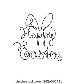Happy Easter logotype. Lettering Happy Easter with rabbit ears for greeting card, invitation template. Continuous line drawing, hand lettering, print for clothes, isolated vector.
