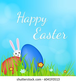 Happy Easter. Lone rabbit and colorful eggs.
