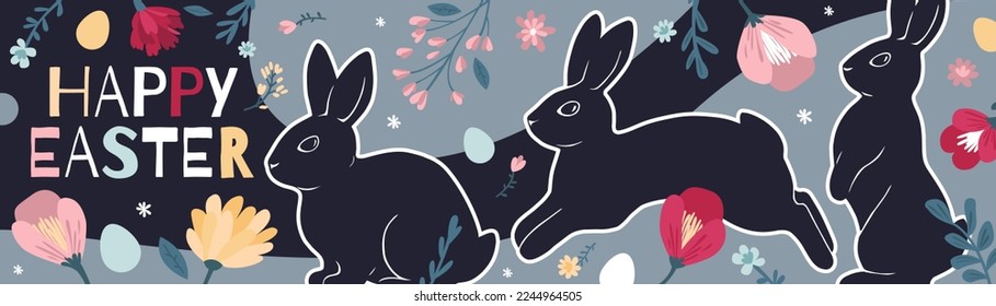 Happy Easter long horizontal banner. Beautiful bright modern illustration with bunnies, eggs, flowers, and text.