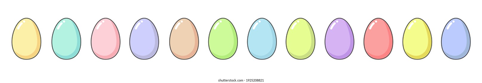 Happy Easter long set with a dozen Easter painted eggs. Fun holiday elements in bright colors - pink, blue, yellow, green, lilac, purple, mint and coral. Square format, vector flat illustration