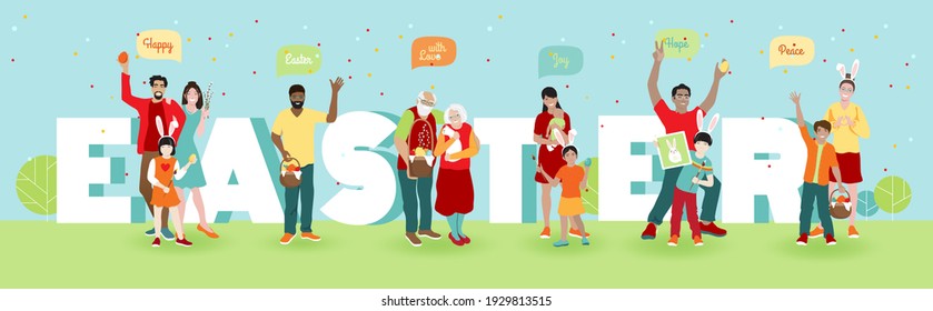 Happy Easter With Love, Joy, Hope, Peace Greeting Vector Banner. Big Family Of Grandparents, Young Couples, Kids With Traditional Easter Eggs Basket, Cute Bunny Ears, Big Letters Outdoor In The Park