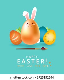 Happy Easter with love and joy! Vector seasonal holiday greeting poster, banner, card design with golden egg decorated as cute funny bunny, paintbrush, traditional creative hand drawn painted eggs. 