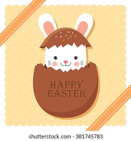 Happy Easter with lovely bunny and Easter chocolate egg on vector background / Vector cartoon illustration.