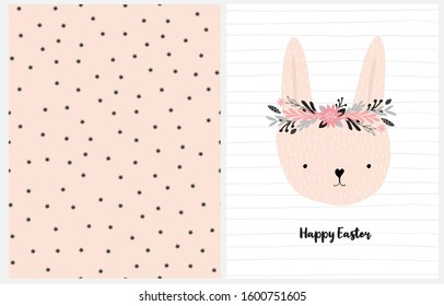 Happy Easter. Lovely Easter Vector Illustration with Bunny in a Floral Wreath. Cute Easter Bunny Isolated on a White Striped Background. Seamless Vector Pattern with Abstract Irregular Floral Design.