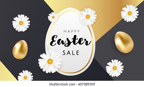 Happy Easter luxury banner background template with beautiful camomiles and golden eggs on black and gold geometric background. Happy Easter greeting card. Vector illustration