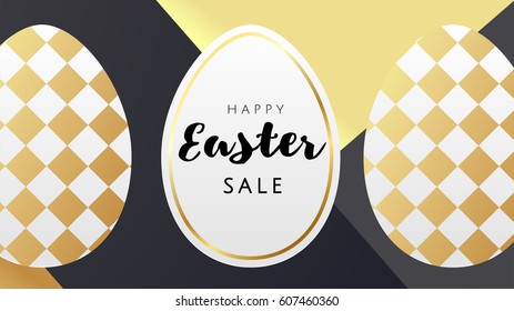 Happy Easter luxury banner background template with beautiful golden eggs  with polka dot, rhombus seamless on black and gold geometric background. Happy  Easter greeting card. Vector 