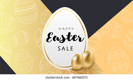 Happy Easter luxury banner background template with beautiful golden eggs on black and gold geometric background. Happy Easter greeting card. Vector illustration