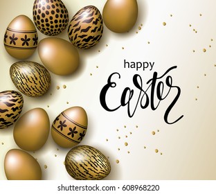 Happy Easter luxury banner background template with beautiful realistic golden eggs. Greeting card. Vector illustration