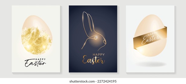 Happy Easter luxury element cover vector set. Elegant 3D shiny easter eggs with foil brush paint texture and glow rabbit shape line art. Adorable glamorous design for decorative, card, kids, poster.